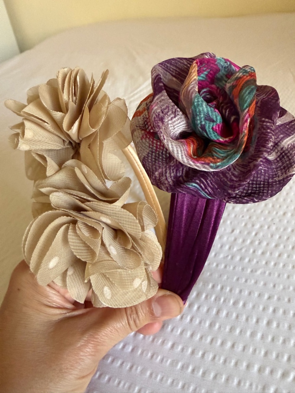 Floral Fabric Headbands - Beige and Purple